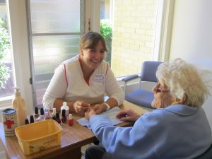 Lesmurdie resident Colleen Grant, pictured with a resident, is approaching her tenth year of volunteering at Mercy Health’s Villa Maria home in Lesmurdie. PHOTO: Supplied