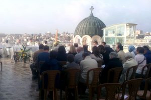 The Ecce Homo and Tantur Ecumencial Institute groups celebrate Mass at dawn on Easter Sunday. Photo: Supplied