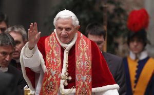 Pope Benedict XVI waves as he arrives to make remarks at the conclusion of the opening Mass of the International Congress on the Church in America held in St Peter’s Basilica at the Vatican on December 9. Pope Benedict XVI waves as he arrives to make remarks at the conclusion of the opening Mass of the International Congress on the Church in America held in St Peter’s Basilica at the Vatican on December 9.