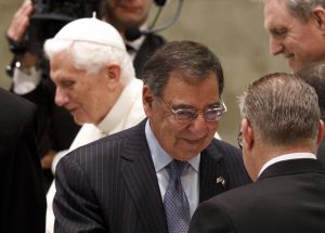 US Defence Secretary Leon Panetta smiles after meeting Pope Benedict XVI on January 16. PHOTO: CNS/Paul Haring