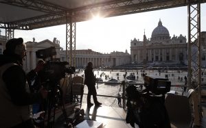 A technician works on a structure set up for TV media in St. Peter's Square at the Vatican Feb. 26, the eve of Pope Benedict XVI's final weekly audience. The papacy of Pope Benedict will officially end Feb. 28 at 8 p.m. Rome time. PHOTO: CNS/Alessandro Bianchi, Reuters A technician works on a structure set up for TV media in St. Peter's Square at the Vatican Feb. 26, the eve of Pope Benedict XVI's final weekly audience. The papacy of Pope Benedict will officially end Feb. 28 at 8 p.m. Rome time. PHOTO: CNS/Alessandro Bianchi, Reuters