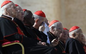 Signs salute Pope Benedict XVI with words of gratitude as he arrives to lead his final general audience in St. Peter's Square on Feb. 27 at the Vatican.