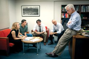 Rachel McAdams, Mark Ruffalo, Brian d'Arcy James, Michael Keaton and John Slattery star in a scene from the movie "Spotlight," which chronicles the Boston Globe's uncovering of the clergy sex abuse scandal in the Archdiocese of Boston in 2002. Perth Archbishop Timothy Costelloe has this week written a moving response in the lead up to the clergy abuse themed drama. Photo: CNS/Open Road Films.
