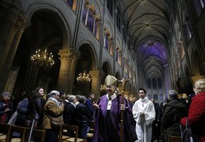 Cardinal Andre Vingt-Trois of Paris leaves in procession after celebrating a Mass in Notre Dame Cathedral in Paris on 15 November to pray for those killed in terrorist attacks. Coordinated attacks the evening of 13 November claimed the lives of 129 people. The Islamic State has claimed responsibility. Photo: CNS/Paul Haring Cardinal Andre Vingt-Trois of Paris leaves in procession after celebrating a Mass in Notre Dame Cathedral in Paris on 15 November to pray for those killed in terrorist attacks. Coordinated attacks the evening of 13 November claimed the lives of 129 people. The Islamic State has claimed responsibility. Photo: CNS/Paul Haring