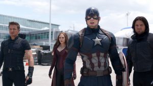 Jeremy Renner, Elizabeth Olsen, Chris Evans and Sebastian Stan star in a scene from the movie Marvel's Captain America: Civil War. Photo: CNS/Disney Jeremy Renner, Elizabeth Olsen, Chris Evans and Sebastian Stan star in a scene from the movie Marvel's Captain America: Civil War. Photo: CNS/Disney