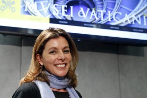Barbara Jatta, the new director of the Vatican Museums, leaves a January 23 Vatican news conference at which the revamped, mobile-compatible website for the Vatican Museums was unveiled. Photo: Paul Haring