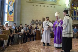 Archbishop Timothy Costelloe commissions staff working in Catholic schools in the Archdiocese of Perth during Mass at St Mary’s Cathedral on 16 February. Photo: Ron Tan Archbishop Timothy Costelloe commissions staff working in Catholic schools in the Archdiocese of Perth during Mass at St Mary’s Cathedral on 16 February. Photo: Ron Tan