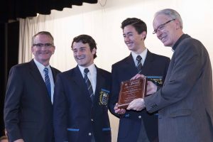 Trinity College Principal Ivan Banks with students, Nick Moulton and Alex Ishida-Livings, and Perth Auxiliary Bishop Don Sproxton, who presented students with a plaque on Tuesday, 27 October as joint recipients of the 2014 Archbishop’s Spirit Award. Photo: Ron Tan Trinity College Principal Ivan Banks with students, Nick Moulton and Alex Ishida-Livings, and Perth Auxiliary Bishop Don Sproxton, who presented students with a plaque on Tuesday, 27 October as joint recipients of the 2014 Archbishop’s Spirit Award. Photo: Ron Tan