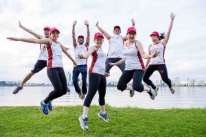 The team, from left, are Paul Tan, Trevor Fernando, Josh Low and Valencia Padmasavitri, and front, from left, are Kim Hodgson (CYM), Lizzy Baker and Natalie Weir (Caritas). PHOTO: Matt Lim