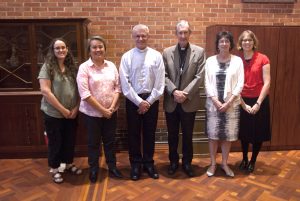 Scholarship recipients Laura Firth and Gem Oliveiro with Archbishop Timothy Costelloe, Emeritus Archbishop Barry Hickey, scholarship recipient Helen Vester and Centre for Faith Enrichment Director, Michelle Jones. Photo: Supplied