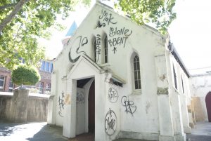 History Vandalised: St John’s Pro-Cathedral in Victoria Avenue in Perth’s central business district covered in graffiti on Monday morning this week. Photo: Matthew Biddle