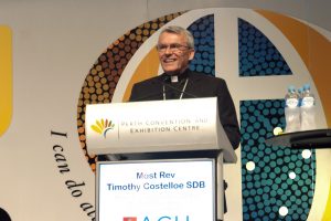 Catholic schools cannot afford to be places where the topic of faith is “off limits”, said Archbishop Timothy Costelloe, speaking to some 1,400 representatives of the Catholic Education sector across Australia at the 2016 National Catholic Education Commission Conference. The Conference was held at the Perth Convention and Exhibition Centre, Sunday, 19 June to Wednesday, 22 June. Photo: Jamie O’Brien