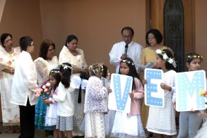 From left to right: Caritas National Council WA Representative, John Bouffler; General Manager of Social Outreach at SJOG Hospital Bev East; speaker David Kawooya; Perth Auxiliary Bishop Don Sproxton; Sr Janet Palafox; Ms Debra Sayce (Catholic Education WA); Caritas Promotions Officer Natalie Weir. Photo: Marco Ceccarelli