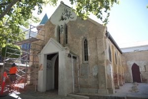 St John’s Pro-Cathedral in inner city Perth this week, stripped of much of its exterior surface and revealing original brickwork. PHOTO: Matthew Biddle