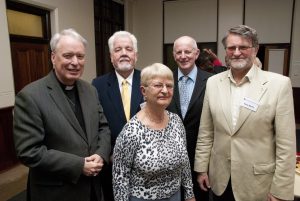 Retired former Executive Officer of the Australian Social Justice Council Terry Quinn, right, and retiring volunteer Judy Bartlett, receive the thanks and well wishes of Bishop Don Sproxton, from left, John Hollywood and Jim Smith. Retired former Executive Officer of the Australian Social Justice Council Terry Quinn, right, and retiring volunteer Judy Bartlett, receive the thanks and well wishes of Bishop Don Sproxton, from left, John Hollywood and Jim Smith.