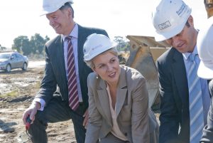 Federal Health Minister Tanya Plibersek is joined by St John of God CEO Dr Michael Stanford and Brookfield Multiplex’s Chris Palandri at the foundation ceremony on August 8. PHOTO: Robert Hiini