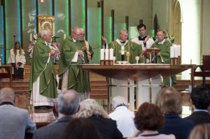 From left, Mgr Michael Keating, Auxiliary Bishop Don Sproxton, Deacon Patrick Moore, Archbishop Timothy Costelloe, MC Fr Brennan Sia and Vicar General Fr Peter Whitely during the celebration of Mass at St Mary’s Cathedral for the 2015 Annual Commissioning Mass for Agencies and Organisations for the Archdiocese of Perth. PHOTO: Mat De Sousa