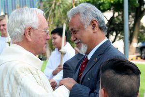 St Mary’s Cathedral Dean Mgr Michael Keating greets former President of East Timor, His Excellency Xanana Gusmão on Sunday, 24 April. HE Gusmão was visiting Perth for the 2016 ANZAC Day celebrations. Photo: David Butts St Mary’s Cathedral Dean Mgr Michael Keating greets former President of East Timor, His Excellency Xanana Gusmão on Sunday, 24 April. HE Gusmão was visiting Perth for the 2016 ANZAC Day celebrations. Photo: David Butts