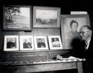 Small portraits of Perth Bishops John Brady, Martin Griver, Matthew Gibney and Archbishop Patrick Clune are displayed at an exhibition at the CWA Room in Busselton, 23-26 November 1948. The painting of the woman was a self-portrait done by Margaret Johnson. The seated man is Margaret Johnson’s husband, James. Photo: Supplied.