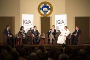 The inaugural QndA forum on the Sydney Campus attracted leading speakers on faith and reason, including: Lyle Shelton, Dr Justine Toh, Dr Ryan Anderson, The Most Reverend Anthony Fisher OP and The Honourable Michael Kirby AC CMG. The event was chaired by Patrick Langrell (third from right). Photo: Supplied