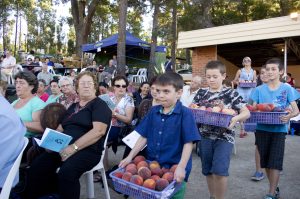 boys present some of the local harvest for blessing at the Madonna delle Grazie festival at Pickering Brook on Sunday, March 3. PHOTO: Matthew Biddle