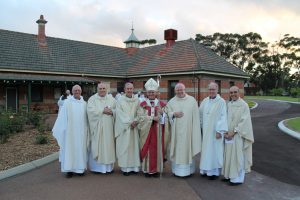 Mgr Harry Entwistle, the Ordinary of the new Australian Ordinariate for former Anglicans, at left, joined with Bishop Christopher Saunders of Broome, Archbishop Emeritus Barry Hickey, Archbishop Timothy Costelloe SDB, Bishop Gerard Holohan of Bunbury, Bishop Donald Sproxton of Perth and Bishop Justin Bianchini of Geraldton for the patronal feast of St Charles Seminary in Guildford on November 4.