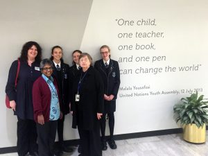Iona Presentation College teacher Louise Ormesher, Sr Elsa Muttathu, students Jasmin Embleton and Bridget Bradley, Sr Mary Margaret Mooney and student Philippa Newman at visited the United Nations Headquarters while competing in an academic tournament at Yale University late last year. Photo: Supplied.