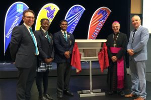 Archbishop Timothy Costelloe stands with Catholic Education Executive Director Dr Tim McDonald, right, and from left, Emmanuel College Principal Mr Leo Di Gregorio and College Captains Atidaishe Mugwara and Antonio Joboy. The Emmanuel College school community came together on Wednesday 6 April for the opening and blessing of the new Sport and Performing Arts Centre. Photo: Jamie O’Brien.