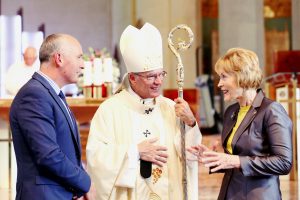 Executive Director of Catholic Education WA (CEWA) Dr Tim McDonald with Perth Archbishop Timothy Costelloe and Honourable Governor of Western Australia Kerry Sanderson at the recent commissioning Mass for new staff. Photo: Supplied