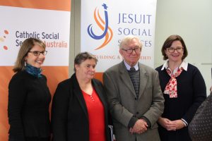 Julie Edwards, CEO, Jesuit Social Services, Associate Professor Margot Rawsthorne, Professor Tony Vinson and Marcelle Mogg, CEO, Catholic Social Services Australia had all been involved in the recent report, Dropping off the Edge 2015, released July 21 which was produced by Jesuit Social Services and Catholic Social Services Australia. PHOTO: Laura Bradley, Xt3