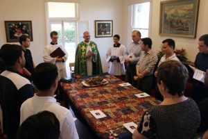 Archbishop Costelloe blesses the newly renovated Aquin House during his annual visit to St Charles’ Seminary. The House will be used for first year residents in 2016. Photo: Supplied