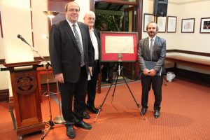 The Honourable Justice Robert Mitchell, Terry Merchant and Professor Doug Hodgson during the donation of the replica Magna Carta at the Eminent Speakers Series. PHOTO: Supplied