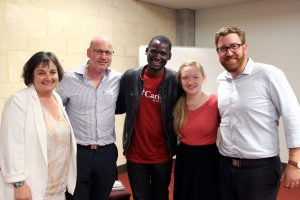 From left to right: Rommie Masarei, Executive Director of Admissions and Student Services; Associate Professor Martin Drum; Martin Mazinga; Ashley Carvalho, President of the Notre Dame Fremantle Student Association; and Tom Gourlay at the Project Compassion launch for 2016. Photo: Supplied.