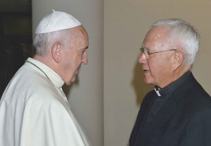 A friendly exchange: Monsignor Michael Keating meets Pope Francis following a Mass at Casa San Marta on Friday, 26 June 2015. PHOTO: Supplied