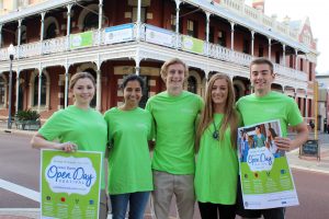 Notre Dame Student Ambassadors Jessica Murray, Karess Dias, Jacob Rees, Allanah Robinson-Cook and Tim Jones will speak to thousands of prospective students at the Open Day Festival in Fremantle’s West End on Sunday, 16 August. PHOTO: UNDA