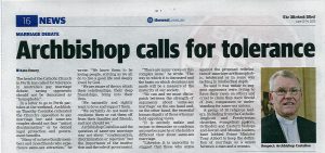 An Article on Archbishop Costelloe's pastoral letter on same-sex marriage that was published in The West Australian on Saturday June 13.