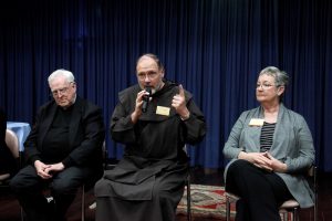 Emeritus Bishop David Walker DD, former Bishop of Broken Bay, left with Fr Gregory Burke, OCD, centre and Ms Lynn Anderson, Layperson, Carmelite Order. PHOTO: Supplied