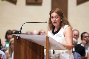 Archdiocese of Perth RCIA Co-Ordinator, Karen Hart, speaks to catechumens and candidates, together with their families and friends, gathered for the annual Rite of Election ceremony. Photo: Ron Tan