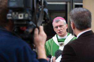 Archbishop Timothy Costelloe speaks with media at the official launch of the Archdiocesan Safeguarding Program in 2015. Photo: Ron Tan