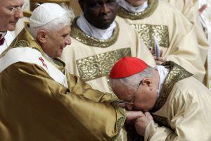 Italian Cardinal Angelo Sodano kisses the ring of Pope Benedict XVI during the pope's inaugural Masson April 24 2005 in St. Peter's Square. PHOTO: CNS/Catholic Press Italian Cardinal Angelo Sodano kisses the ring of Pope Benedict XVI during the pope's inaugural Masson April 24 2005 in St. Peter's Square. PHOTO: CNS/Catholic Press