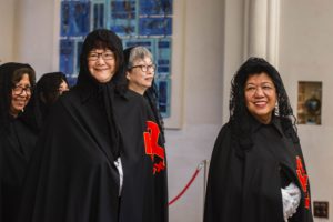 Dame Anna Hoe DHS smiles as she exits St Marys Cathedral after her investiture ceremony and mass for the Holy Sepulchre of Jerusalem order at St Mary’s Cathedral on 15 September. Photo: Amanda Murthy.