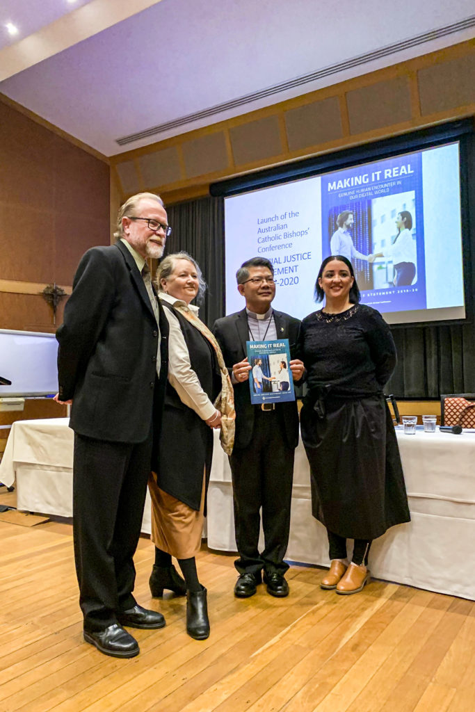 Office for Social Justice Director Mr John Ferguson, St Clare College Journalist and Religious Education teacher Ms Beth Doherty, Chairman, Bishops Commission for Social Justice – Mission and Service Bishop Vincent Long Van Nguyen OFM Conv and University of Sydney Lecturer Dr Margaret Van Heekeren at the National launch of the 2019-2020 National Social Justice Statement launch on 3 September. Photo: ACBC.