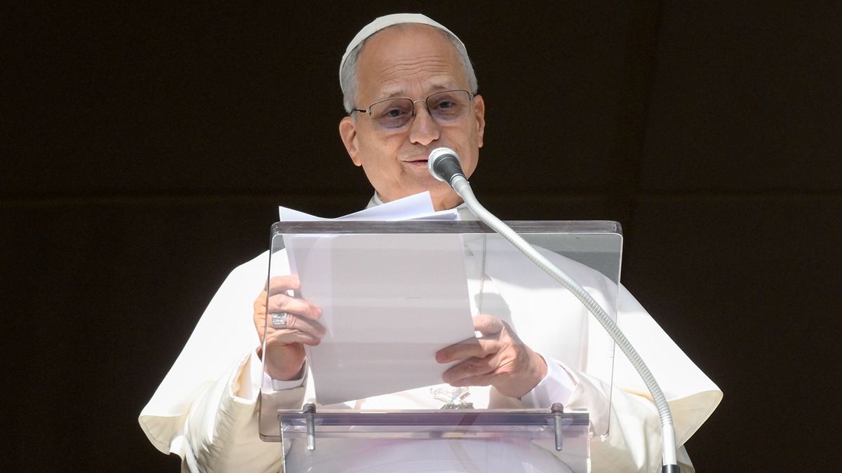 Pope Leo XIV speaks to pilgrims and visitors in St. Peter's Square at the Vatican as they gather to pray the Angelus, Jan. 25, 2026. 