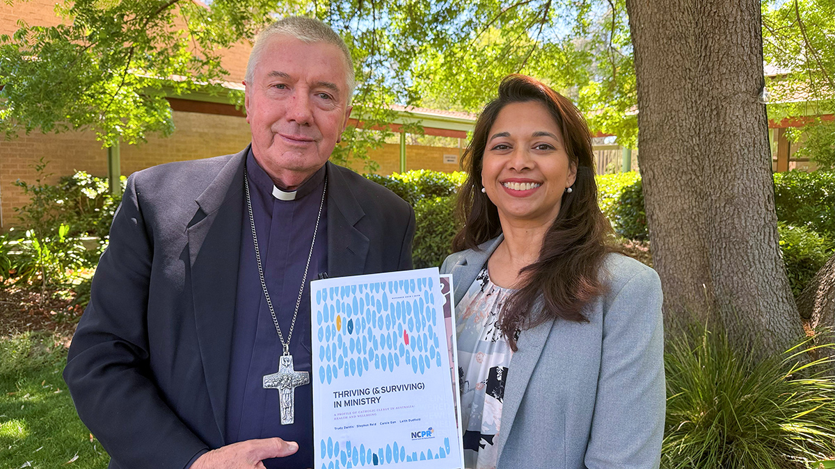 Archbishop Christopher Prowse, Archbishop of Canberra – Goulburn, and Dr. Trudy Dantis, Director of the National Centre for Pastoral Research, at the launch of the Thriving (and Surviving) in Ministry report. 