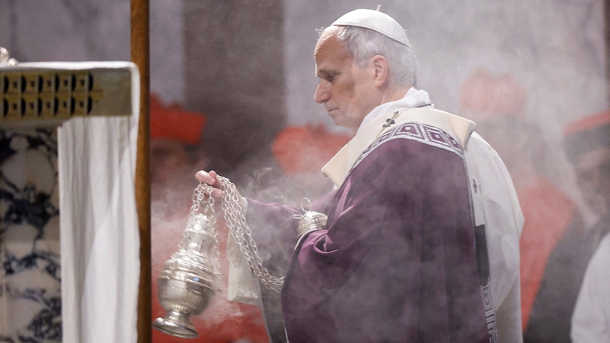 Pope Leo XIV swings a censer near the altar as celebrates Ash Wednesday Mass at Santa Sabina Basilica in Rome Feb. 18, 2026. Photo: OSV News/Remo Casilli, Reuters).