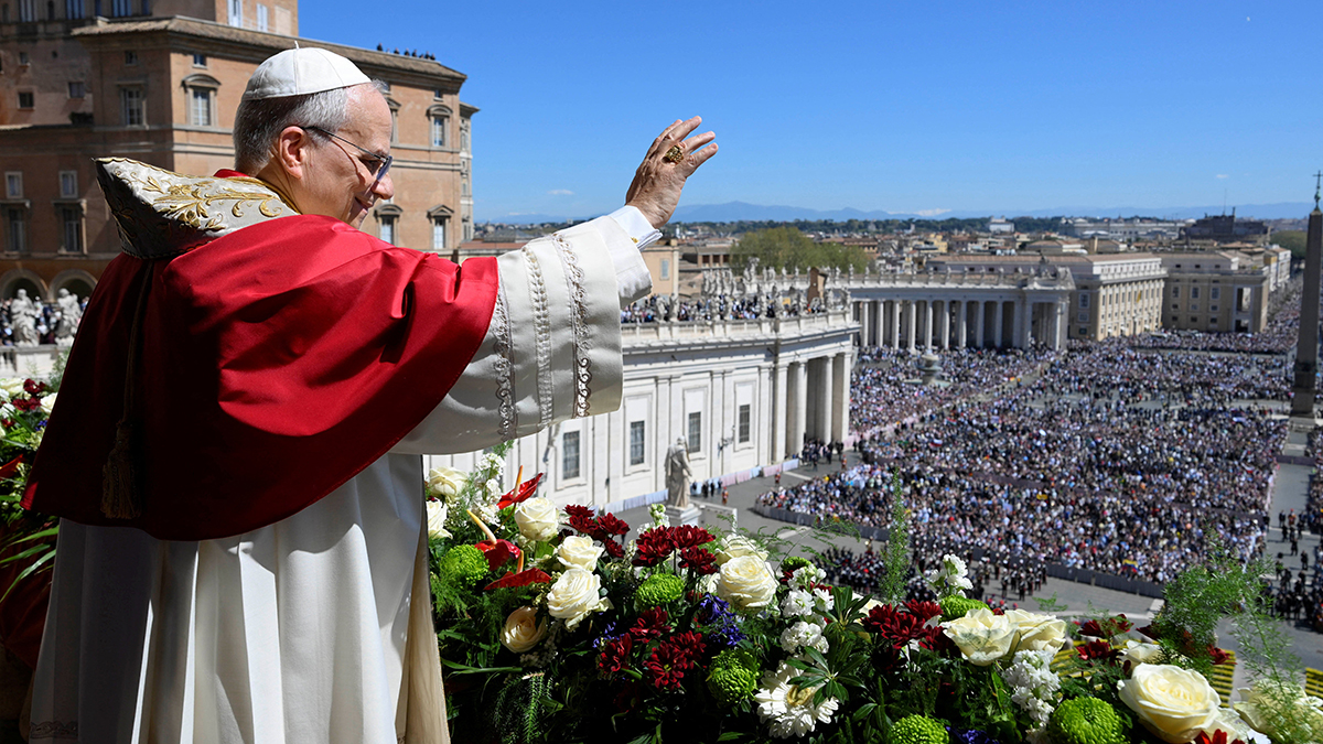 Pope Leo XIV delivers his "urbi et orbi" (to the city and the world) message from the main balcony of St. Peter's Basilica on Easter at the Vatican, 5 April 2026. Photo: OSV News/Vatican Media, via Reuters.