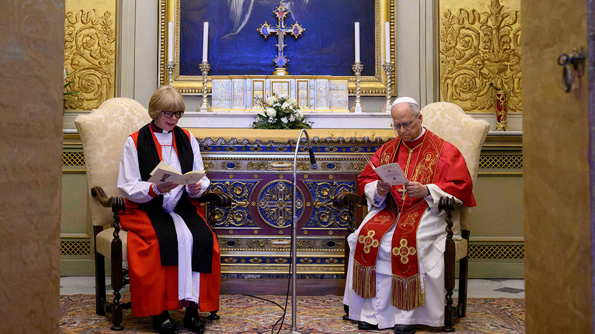 Pope Leo XIV prays with Anglican Archbishop Sarah Mullally of Canterbury in the Vatican's Chapel of Urban VIII in the Apostolic Palace during their meeting on 27 April 2026. Photo: OSV News/Simone Risoluti, Vatican Media.