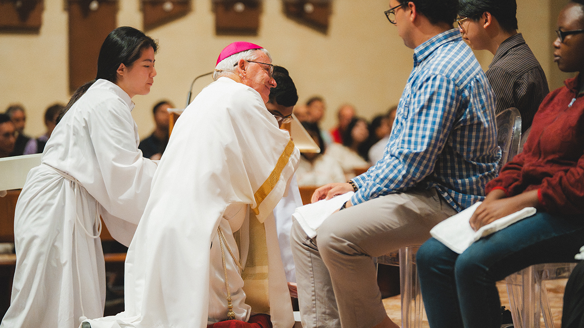 Archbishop Costelloe washes the feet of parishioners at the Mass of the Last Supper and Adoration at St Mary’s Cathedral.