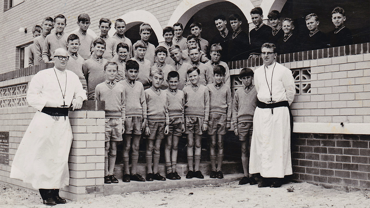 Frs Mackintosh and Hughes with students, 1966. Photo: Mazenod College.