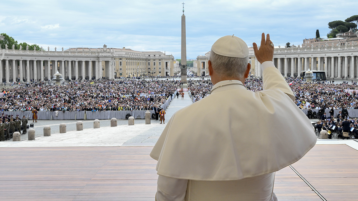 Pope Leo XIV waves to those gathered in St. Peter's Square at the Vatican before leading his weekly general audience on 6 May 2026. Photo: CNS/Vatican Media.